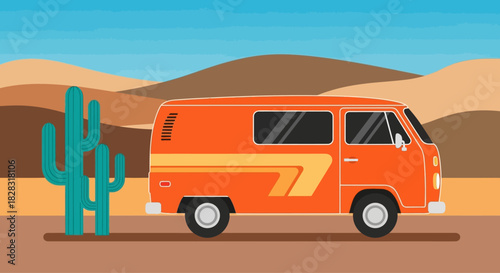 Vintage orange van in a desert landscape with cactus retro travel vibes