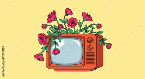 Vintage television adorned with vibrant flowers conveying nostalgia and technology