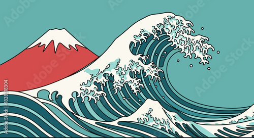 Traditional Japanese Great Wave with Mount Fuji illustration reminiscent of Hokusai