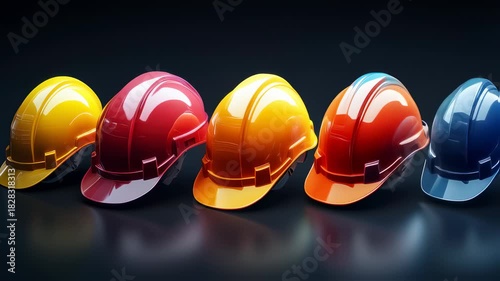 Colorful Construction Helmets in a Row, Illustrating Safety and Teamwork in Industrial Settings