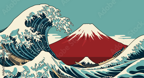The Great Wave off Kanagawa inspired illustration with Mount Fuji backdrop