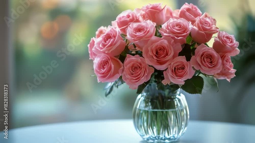 Elegant pink rose bouquet in a crystal vase, perfect for romantic and floral themed projects