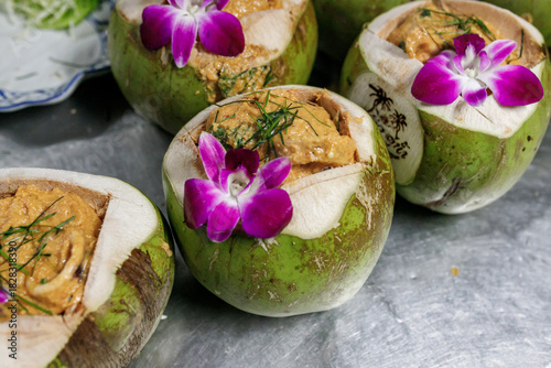 Steamed seafood in coconut, Thai food