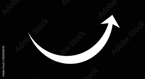 Stylish white upward curved arrow on black background conveying growth and progress