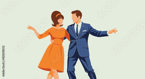Stylish vintage couple dancing, embracing 1960s fashion and retro illustration elegance