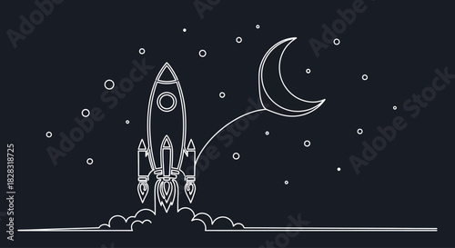 Rocket launch to moon in night sky minimal line art illustration design