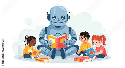 Robot reading to children is an illustration about future education methods and learning