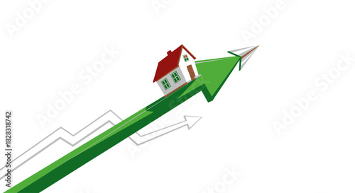 Rising real estate market illustration showing a house on a growth arrow, indicating the increase