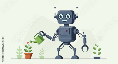 Robot gardener watering a flower, illustrating technology and nature integration with care and