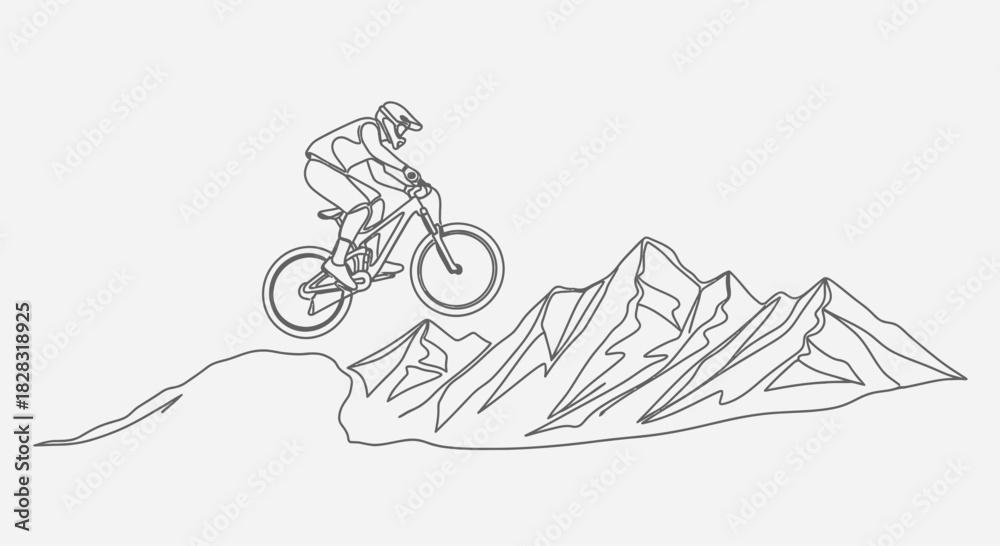 Obraz premium Mountain biker jumping over mountain peaks in a minimalist line art style illustration