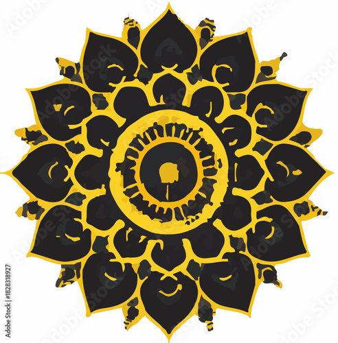 Ai futuristic office workspace with remote job screens illustration of intricate black and gold mandala design featuring detailed geometric patterns and lotus petal motifs, perfect for spiritual, cult