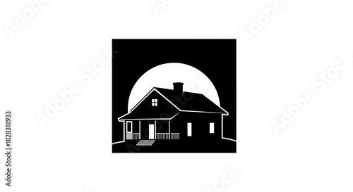 Monochrome vector illustration of a cozy house in front of a moon background scene