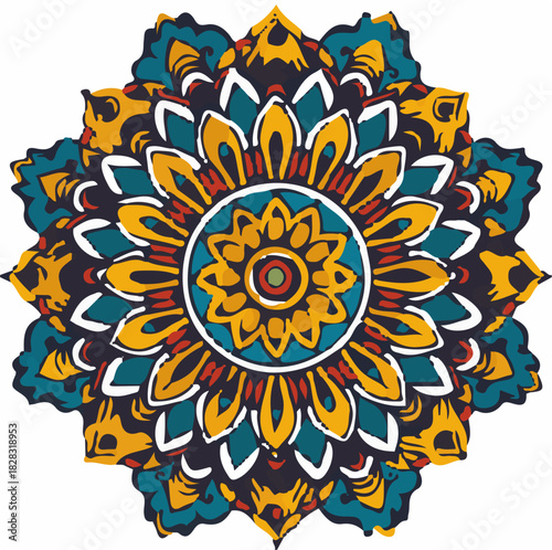 Ai futuristic office workspace with remote job screens illustration of vibrant and intricate handdrawn mandala illustration featuring rich yellow, deep teal, and warm red colors in a symmetrical flora