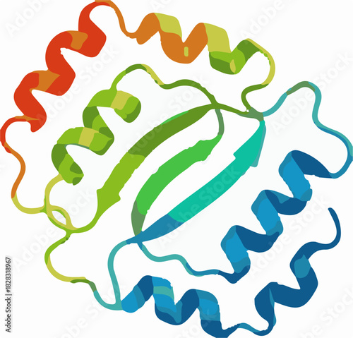 Ai futuristic office workspace with remote job screens illustration of ribbon diagram representation of a protein structure showing alpha helices and beta sheets, colorcoded along the polypeptide chai