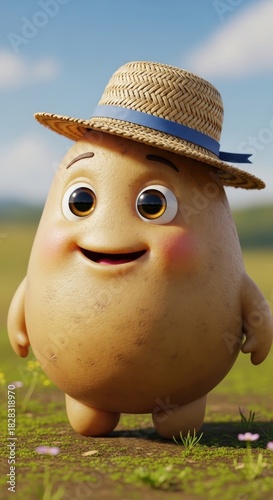 Animated potato character in a rural landscape promoting jovial agricultural themes and whimsy