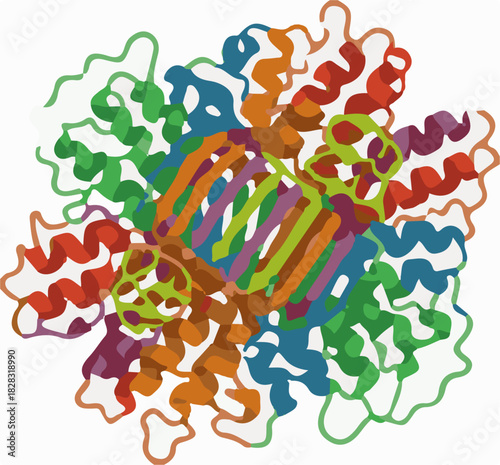 Ai futuristic office workspace with remote job screens illustration of colorful ribbon diagram illustrating the complex threedimensional quaternary structure of a protein molecule, showcasing alpha he