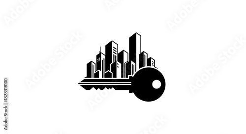 Modern city skyline integrated within a key shape symbolizing urban access and ownership