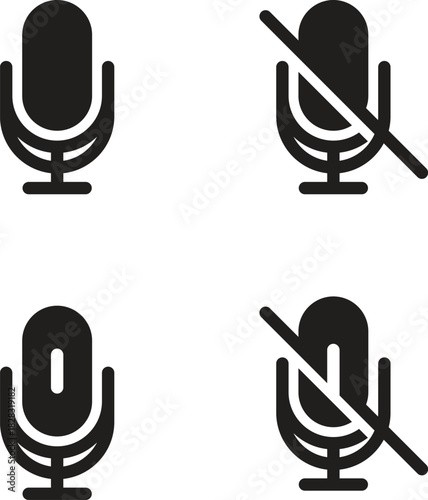 Minimal microphone and mute icons designed for interface use, showing voice on, voice off, and sound status symbols with bold shapes, strike lines, color outlines, and functional communication indicat