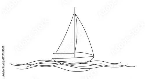 Minimalist sailboat illustration on water waves a single line drawing graphic perfect for nautical