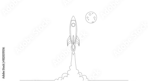 Minimalist rocket launch illustration against a white backdrop and visible moon