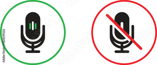 A set of clean microphone icons featuring active and muted voice symbols, including simple black mic graphics with strike-through signs, circular approval indicators, and clear communication status vi