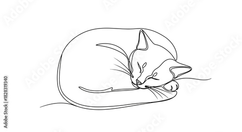 Minimalist one line drawing of a sleeping cat expressing tranquility and peace