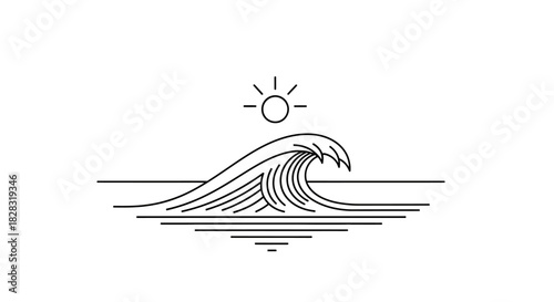 Minimalist ocean wave and sun design illustration evokes a sense of calm and summer vibes