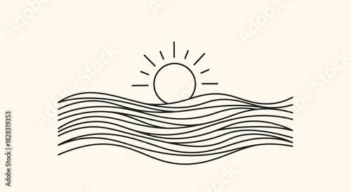 Minimalist Ocean Sunset Illustration with Stylized Waves and Radiating Sun