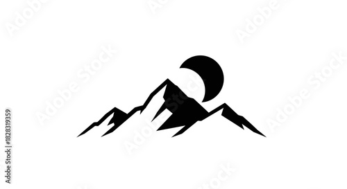 Minimalist mountain peak with crescent moon vector design for outdoor adventure and landscape