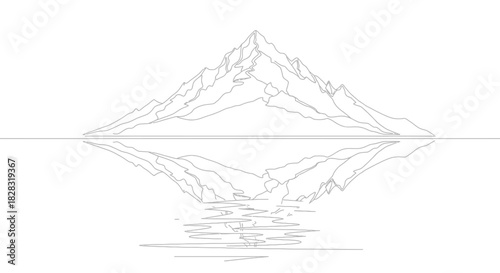 Minimalist mountain range with a reflective lake, embodying serene landscape and tranquility,