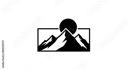 Minimalist Mountain Landscape with Sun Silhouette Logo Design Vector Illustration