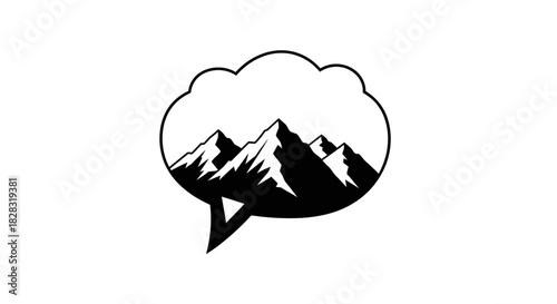 Minimalist mountain landscape logo design within a speech bubble shape graphic concept