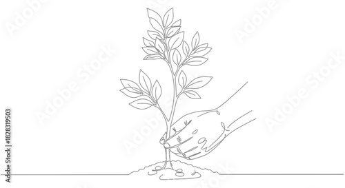 Minimalist Line Art Depicting a Hand Planting a Young Tree, Symbolizing Growth and Sustainability