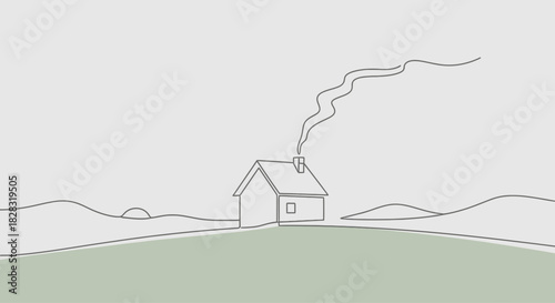 Minimalist Line Art: Cozy Home with Chimney Smoke in a Peaceful Landscape Scenery