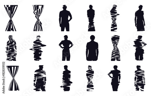 Conceptual black silhouette set of figures with digital distortion, glitch, and fragmented effects (twist, ripple, dissolve). Abstract design representing identity, technology, data stream, virtual re