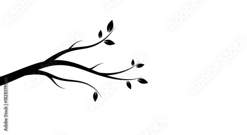Minimalist illustration of a black tree branch against a crisp white background with leaves