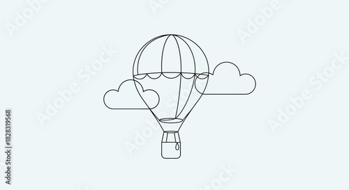 Minimalist hot air balloon illustration with clouds against a light blue background perfect for
