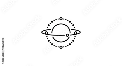 Minimalist depiction of a planet with rings and dotted orbit perfect for design use