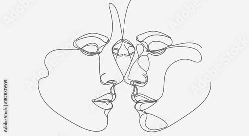 Minimalist continuous line drawing of two faces in close proximity artwork