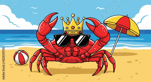 King Crab enjoying summer vacation on a tropical beach with sunglasses wearing a crown