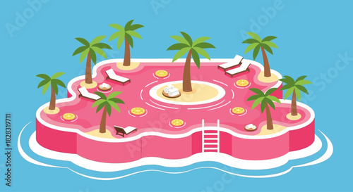 Isometric Tropical Island Resort with Pink Pool and Palm Trees for Vacation Theme