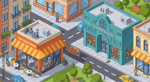 Isometric city illustration showcasing a coffee shop and bookstore vitality