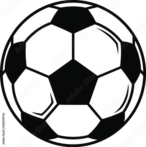 Stylized soccer ball graphic, featuring traditional black and white hexagonal and pentagonal patterns, representing sports and games and leisure.