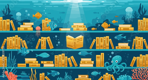 Immerse yourself in the underwater library an illustration of stacked books with sea life creating