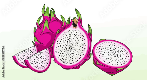 Illustration of vibrant dragon fruits whole and sliced on a light background