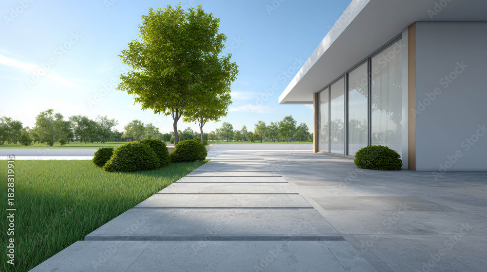Naklejka premium Modern Home Exterior with Concrete Pathway Surrounded by Trimmed Grass and Lush Greenery Under Clear Blue Sky