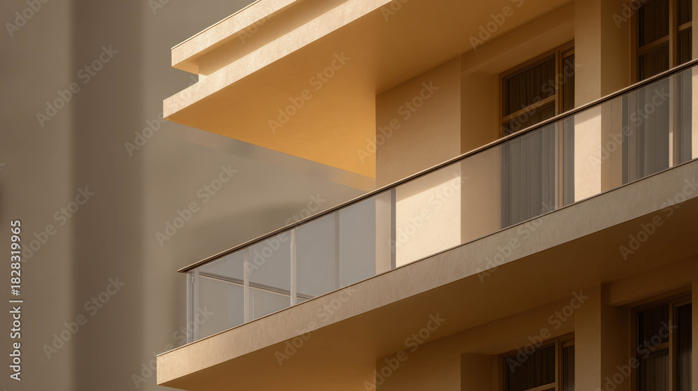 Fototapeta premium Abstract Building Facade with Shadow Patterns Under Soft Light and Modern Architectural Design Elements