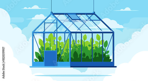 Illustration of a greenhouse filled with plants floating in the sky with clouds