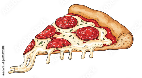 Illustration of a delicious pepperoni pizza slice with dripping cheese on white