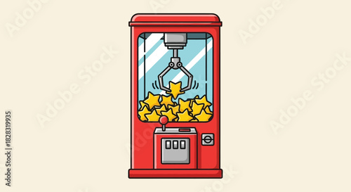 Illustration of a classic claw machine with stars inside a retro gaming concept